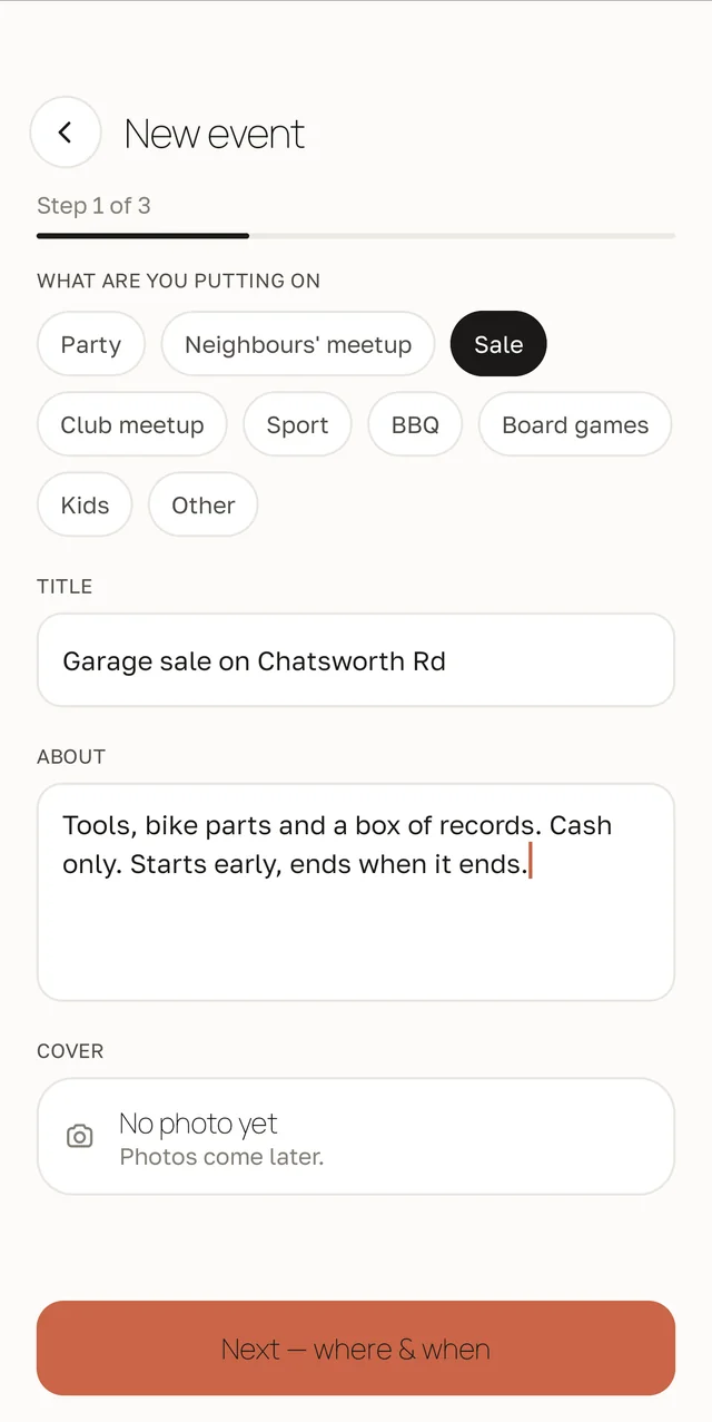 Step one of creating an event: category chips with Sale selected, a title reading Garage sale on Chatsworth Rd, and a description saying tools, bike parts and a box of records, cash only.