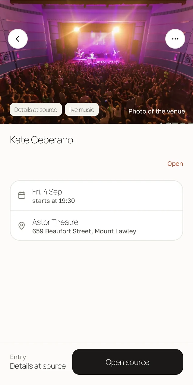 An event card for Kate Ceberano: a photo of the venue, entry marked Open, and the date, start time and address of the Astor Theatre in Mount Lawley.