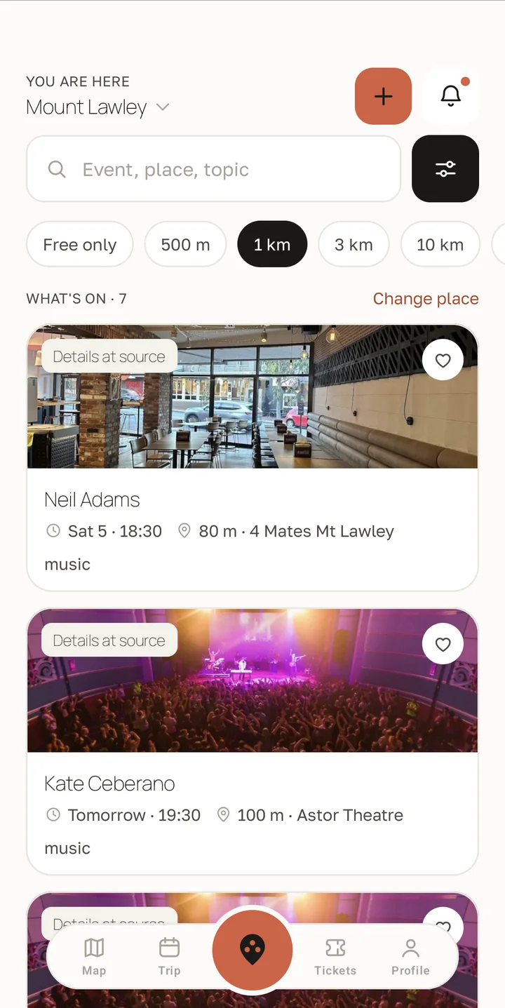The W2GO feed in Mount Lawley: a search field, radius chips from 500 m to 10 km, and event cards showing start time, distance and venue.