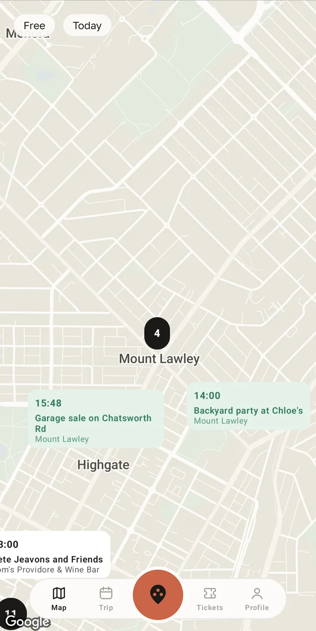 A closer map view around Mount Lawley where labels carry both the time and the event name, such as a garage sale on Chatsworth Road at 15:48.