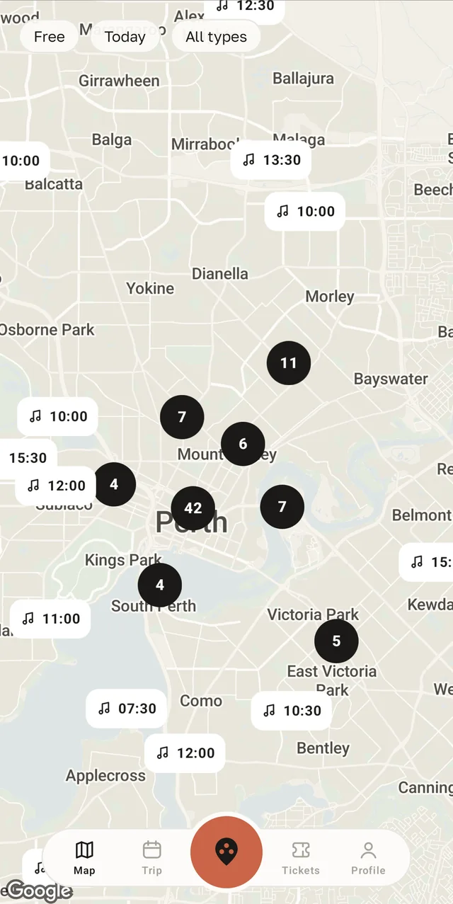 Map of Perth with black cluster markers showing counts of 42, 11 and 7, and white labels giving start times next to a small music glyph.